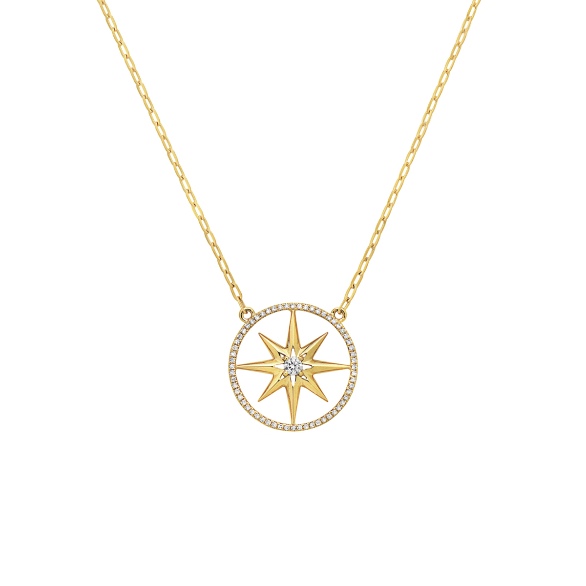 14K Yellow Gold Diamond Star Compass Necklace
