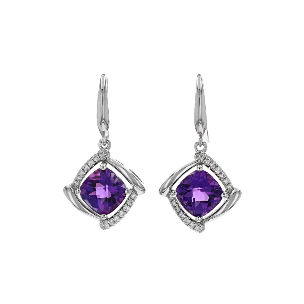 14K White Gold Cushion Amethyst and Diamond Earrings