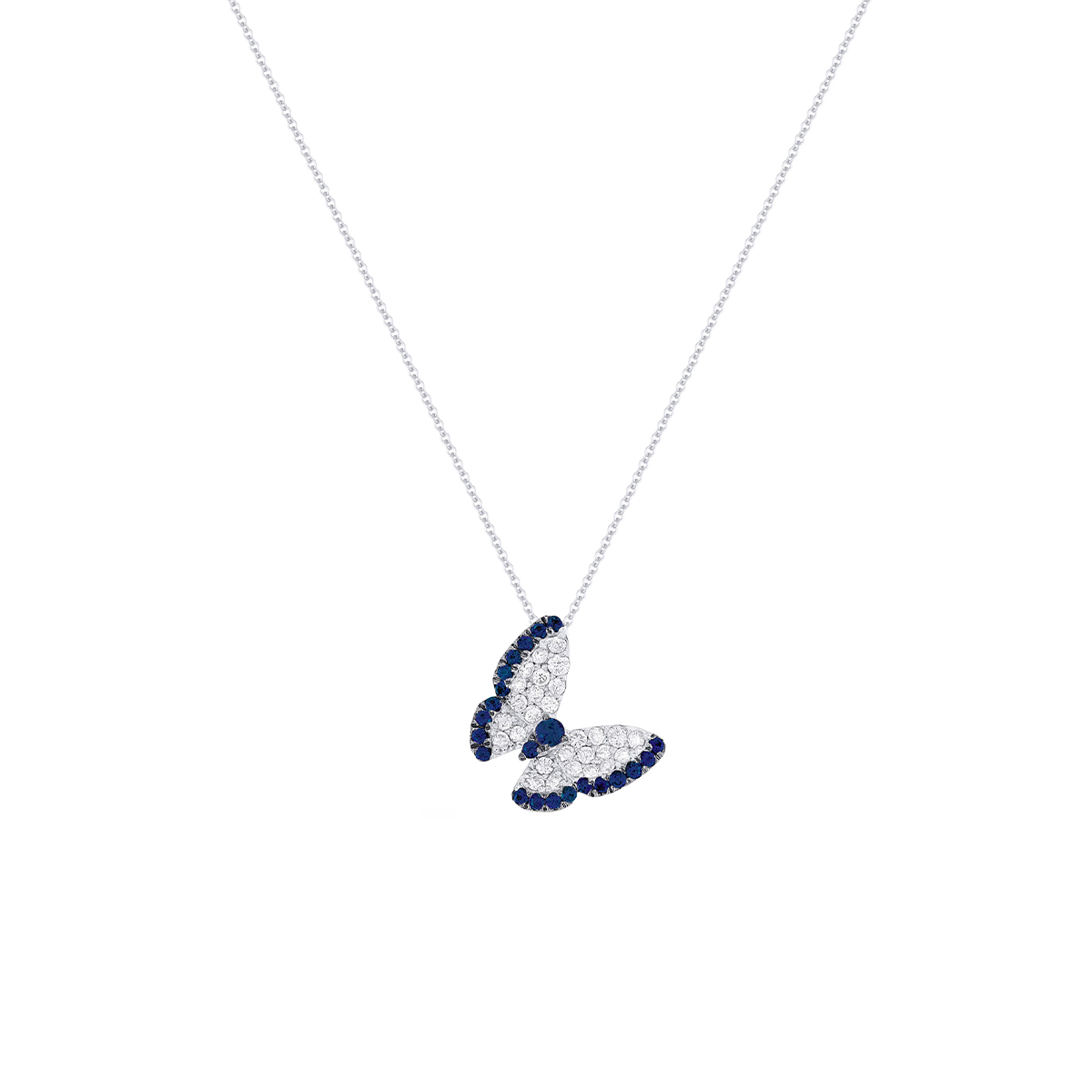 14K White Gold Sapphire and Diamond Butterfly Pendant with Chain