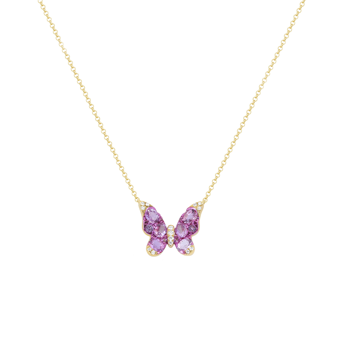 14K Yellow Gold Pink Sapphire and Diamond Butterfly Necklace
