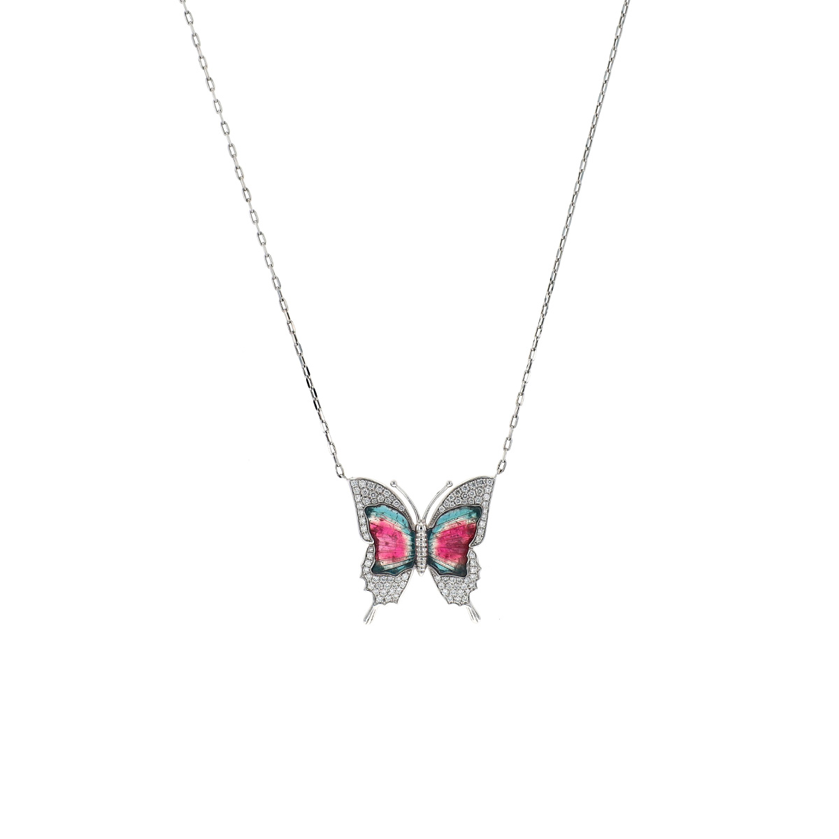 14K White Gold Tourmaline and Diamond Butterfly Necklace