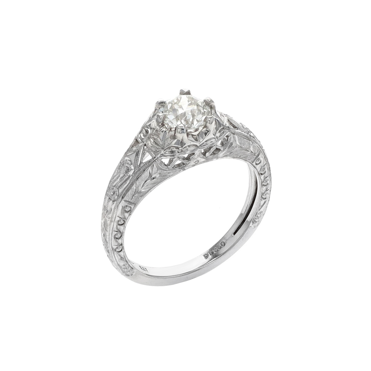 Estate Platinum Hand Engraved Diamond Engagement Ring