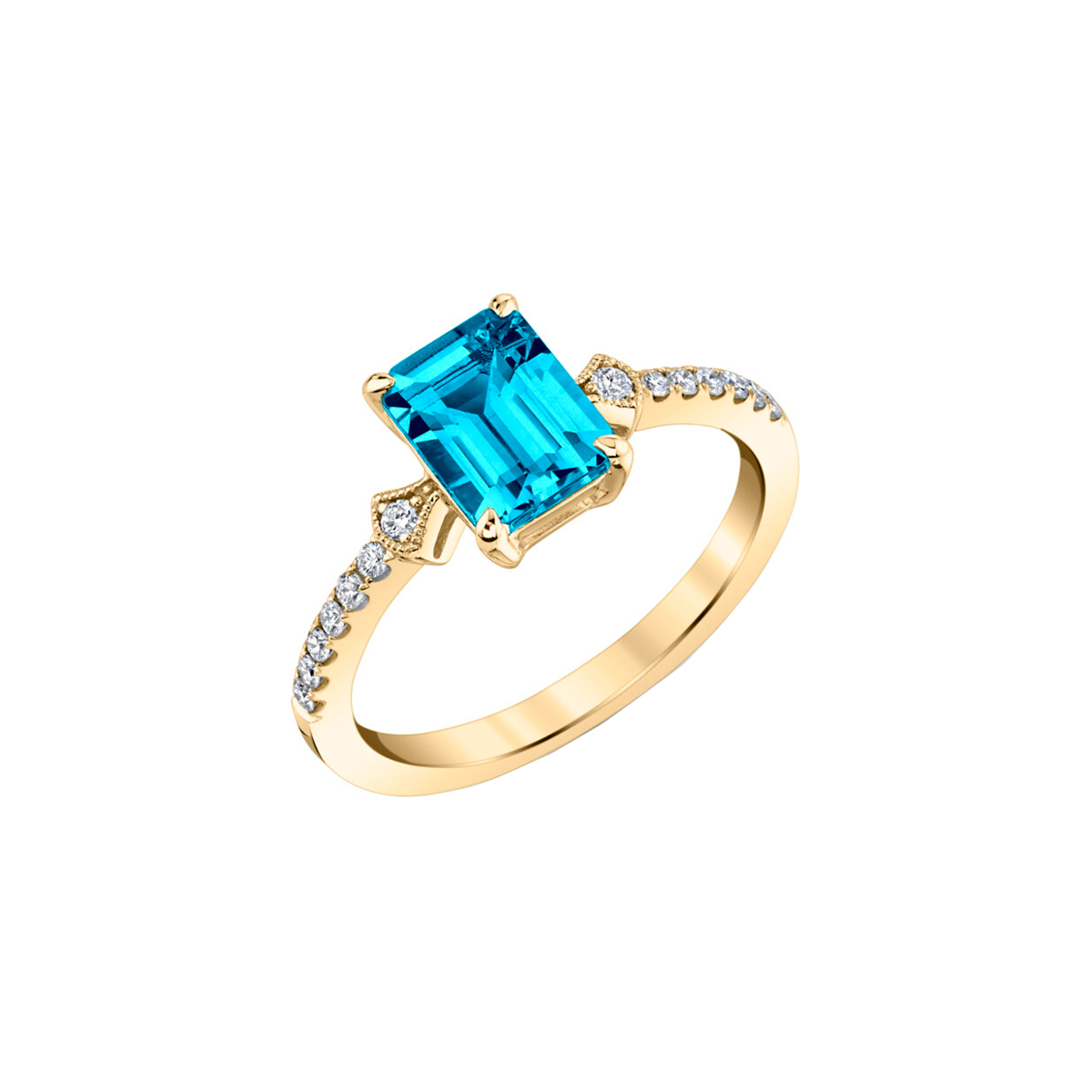 14K Yellow Gold Emerald-Cut Blue Topaz and Diamond Ring