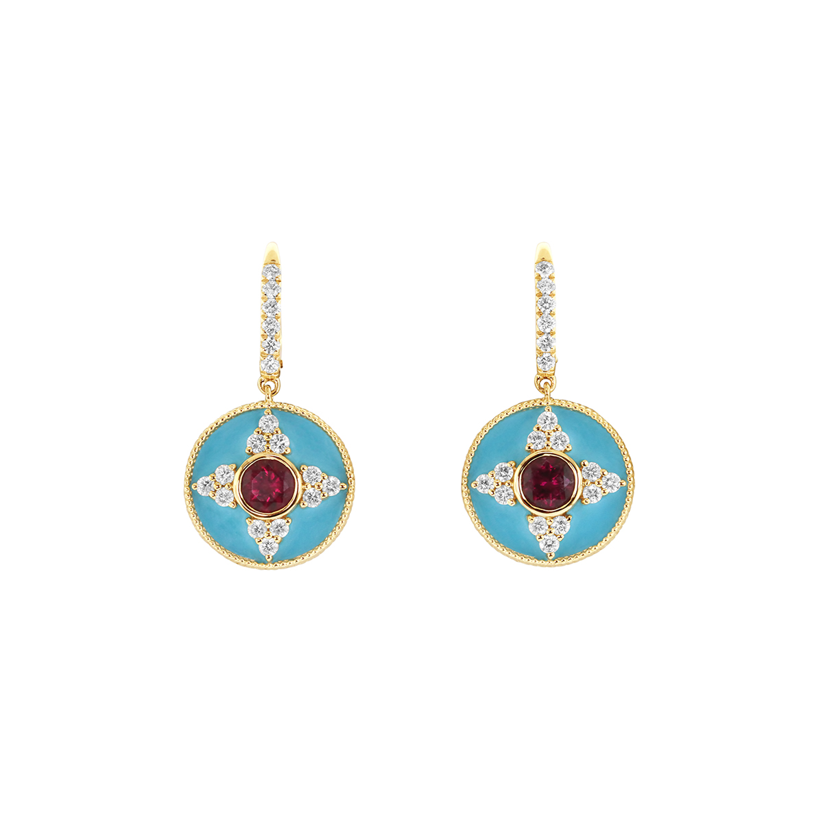 14K Yellow Gold Rubellite and Diamond Blue Enamel Earrings