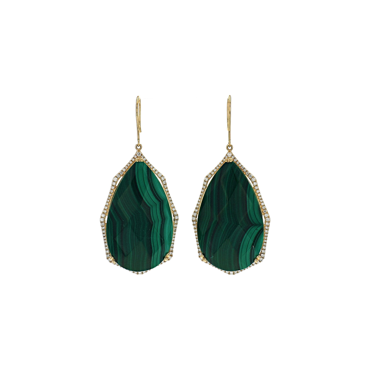 14K Yellow Gold Pear Malachite and Diamond Earrings