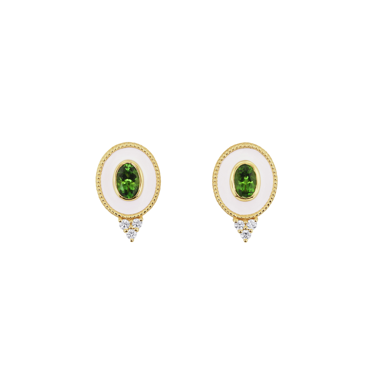 14K Yellow Gold Green Tourmaline and White Enamel Earrings