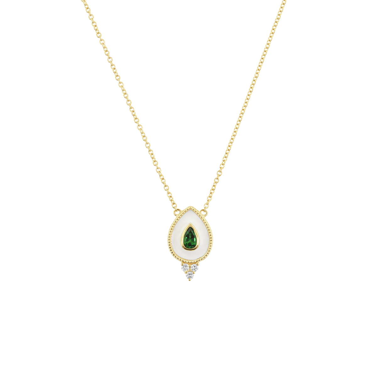 14K Yellow Gold Pear Green Tourmaline, Diamond, and White Enamel Necklace