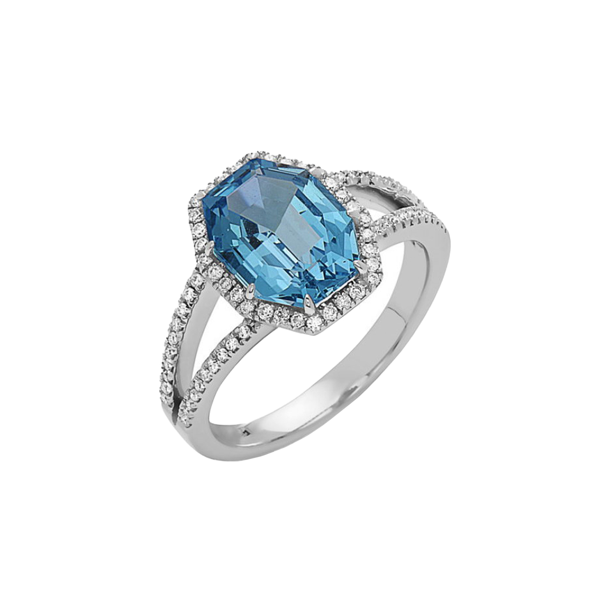 14K White Fancy Octagonal Blue Topaz and Diamond Ring