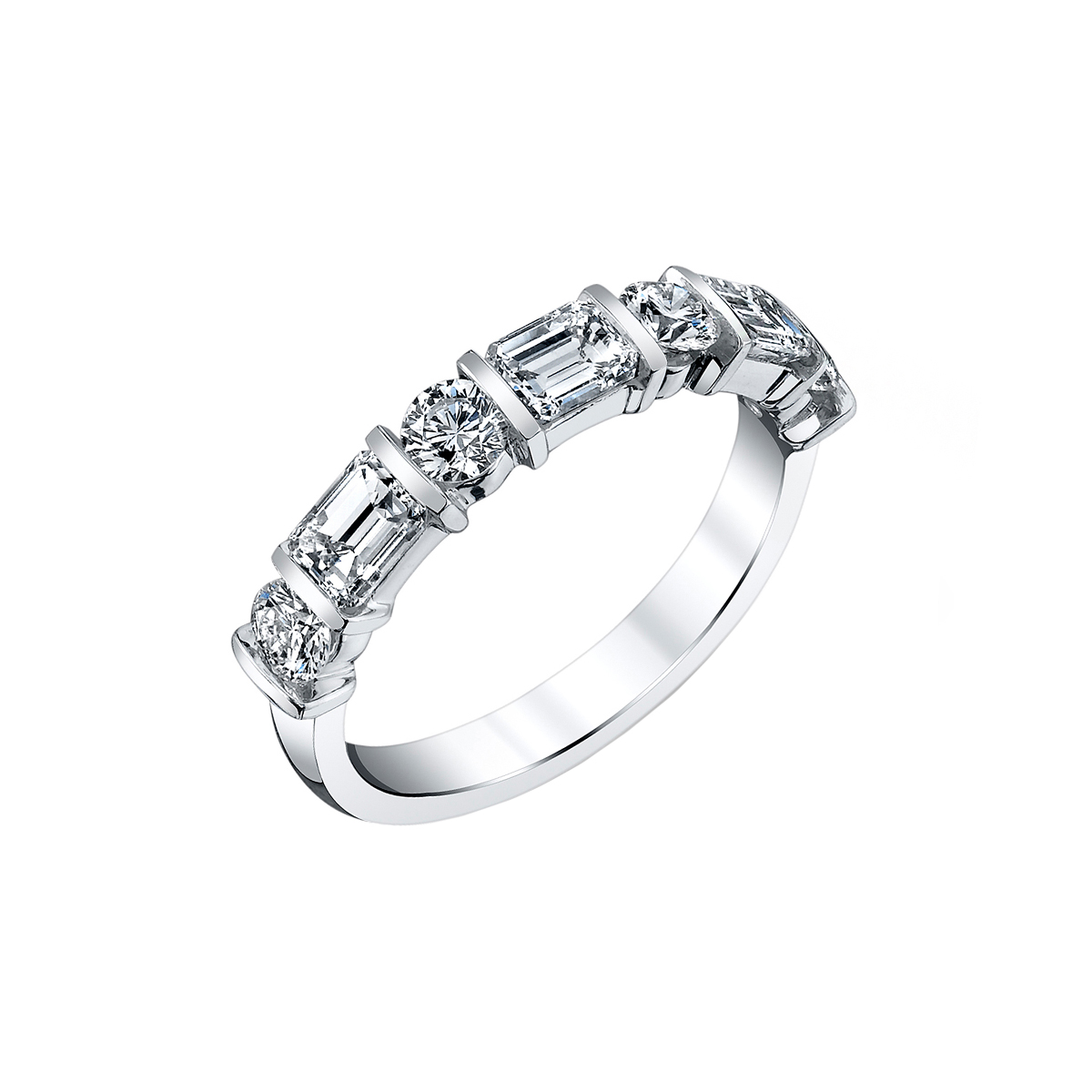 18K White Gold Emerald-Cut and Round Diamond Wedding Band