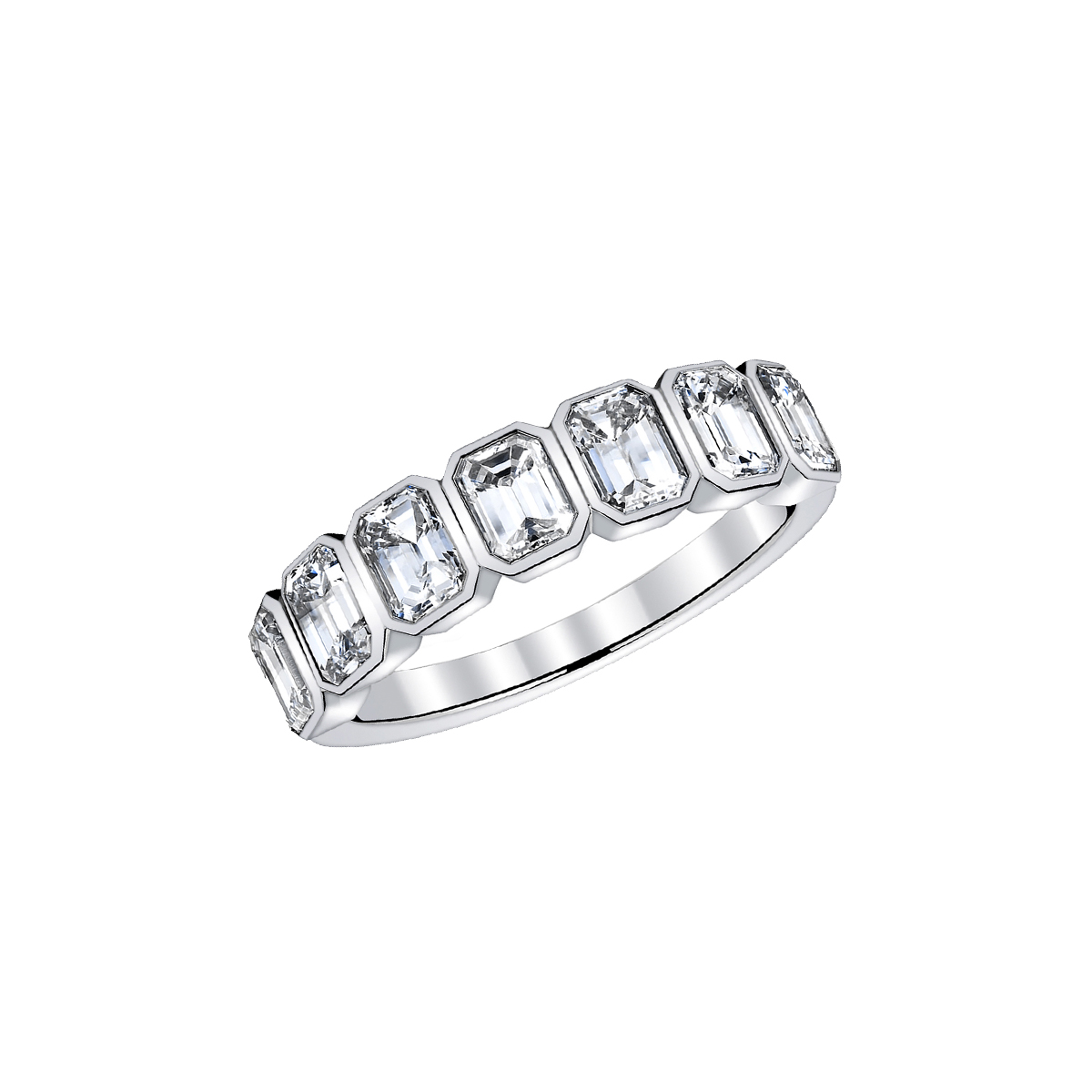 18K White Gold Bezel-Set Emerlad-Cut Diamond Wedding Band