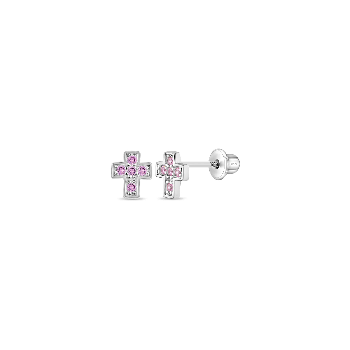 Children's Sterling Silver Pink Cubic Zirconia Cross Earrings