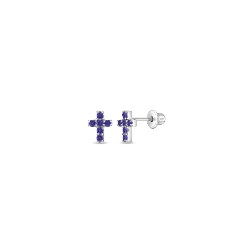 Children’s Sterling Silver Purple Cubic Zirconia Cross Earrings