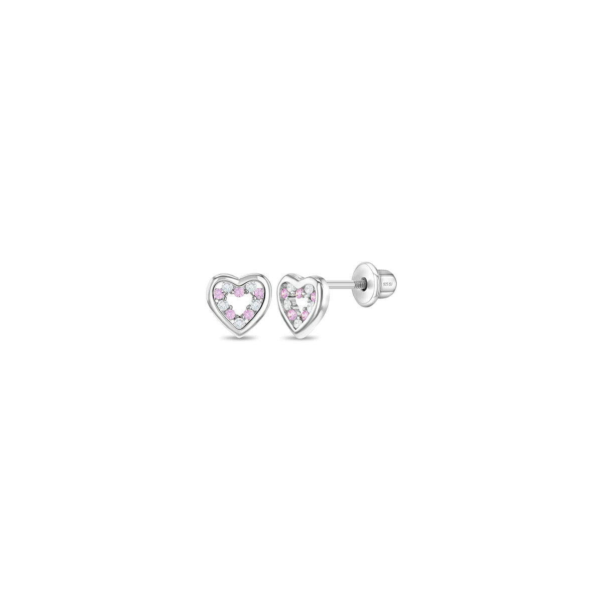 Children's Sterling Silver Pink and White Cubic Zirconia Heart Earrings