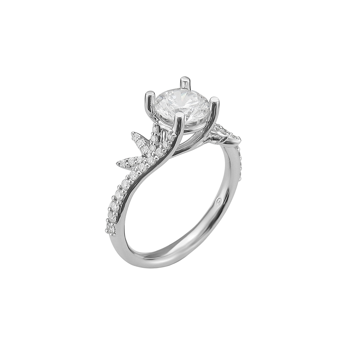 14K White Gold Diamond Leaf Design Engagement Ring Semi-Mounting