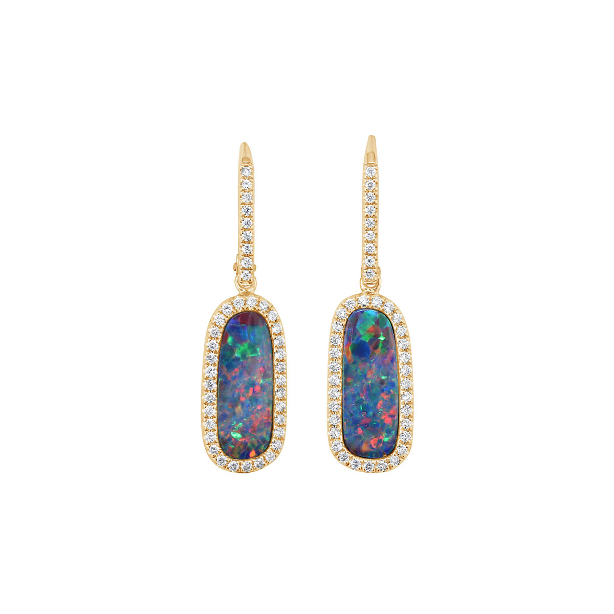 14K Yellow Gold Australian Opal Doublet and Diamond Earrings