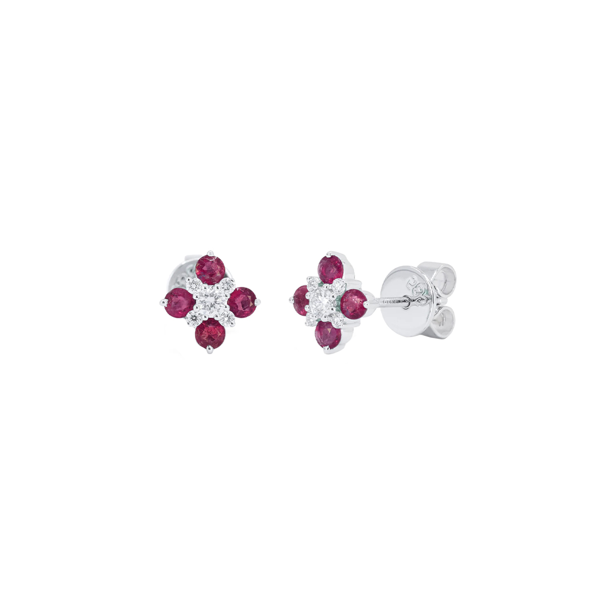 14K White Gold Ruby and Diamond Cluster Earrings