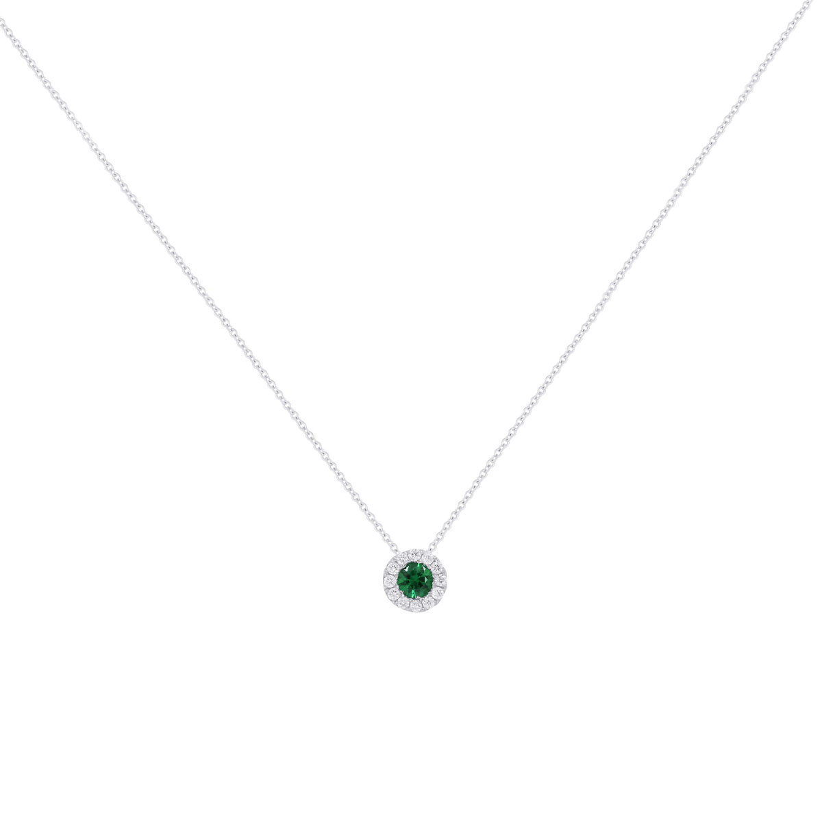 14K White Gold Emerald and Diamond Halo Pendant with Chain