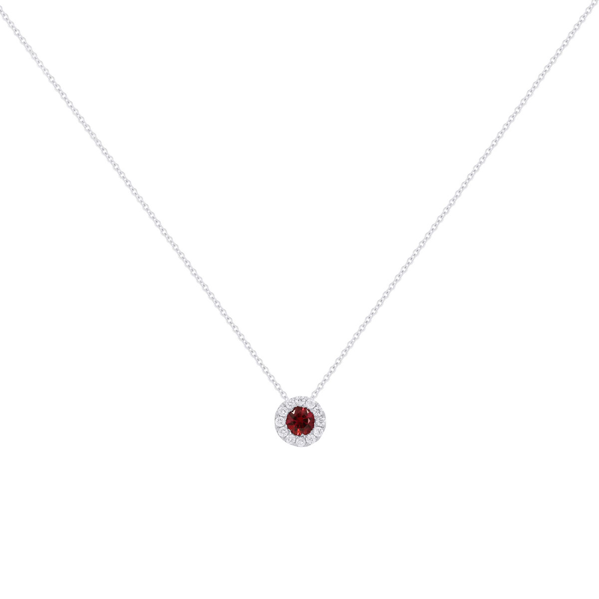 14K White Gold Ruby and Diamond Halo Pendant with Chain