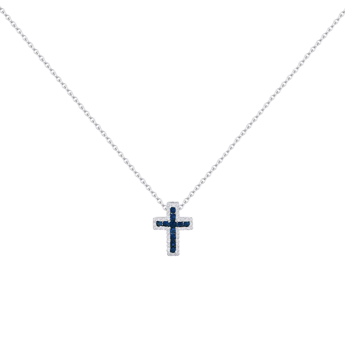 14K White Gold Sapphire and Diamond Cross Pendant with Chain