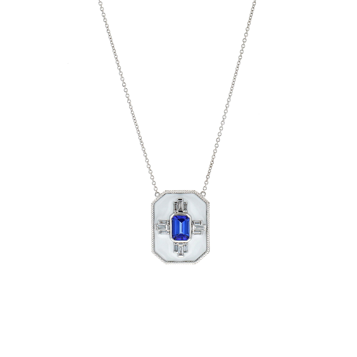 14K White Gold Emerald-Cut Tanzanite and Diamond Necklace