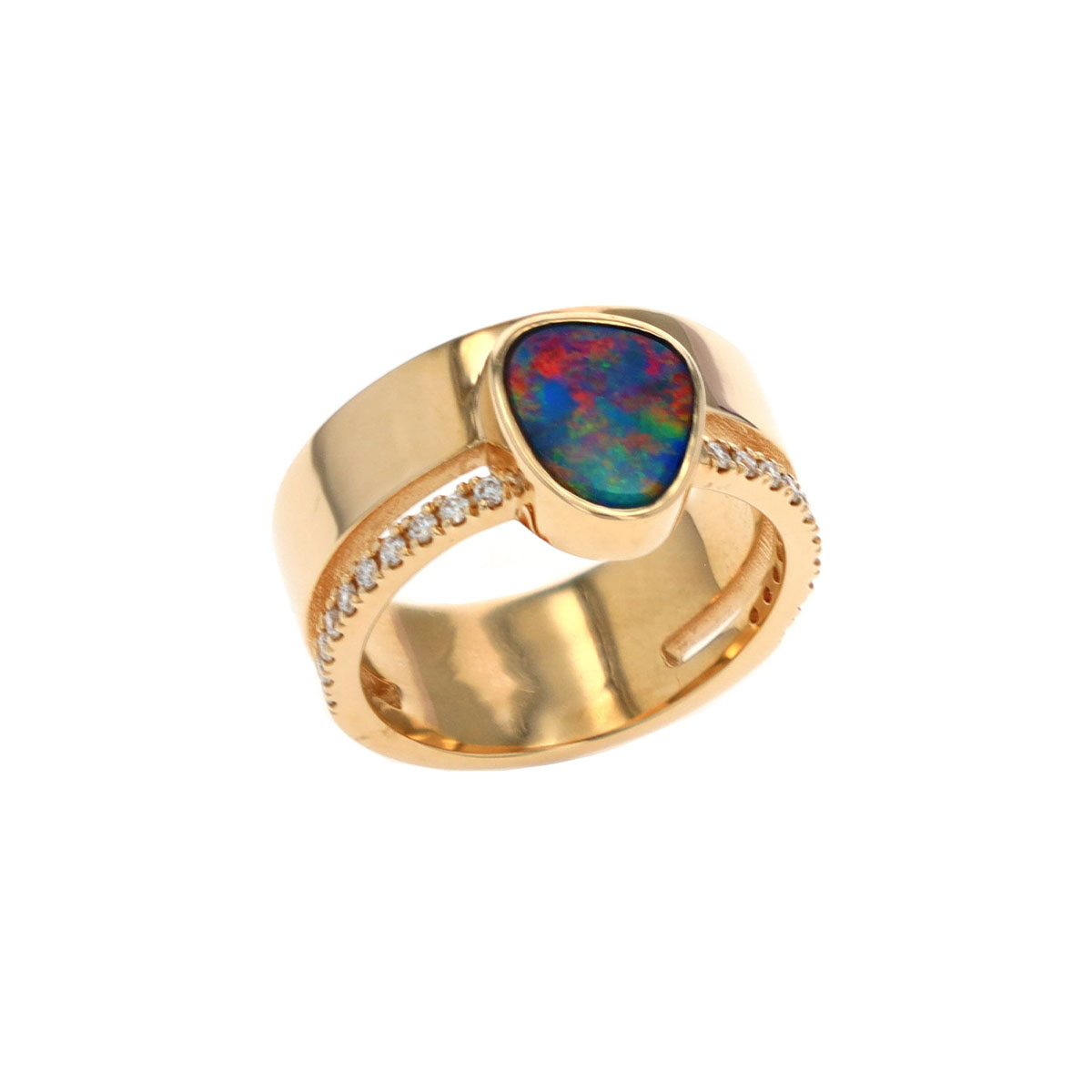 14K Yellow Gold Australian Opal Doublet and Diamond Band