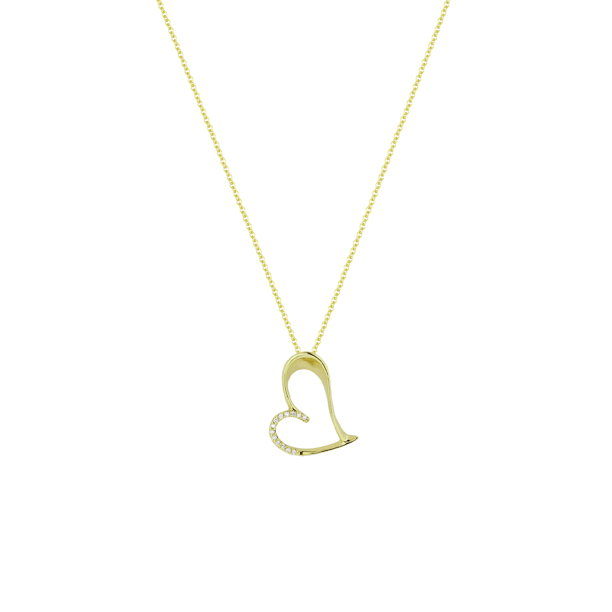 14K Yellow Gold Open Heart Diamond Pendant with Chain