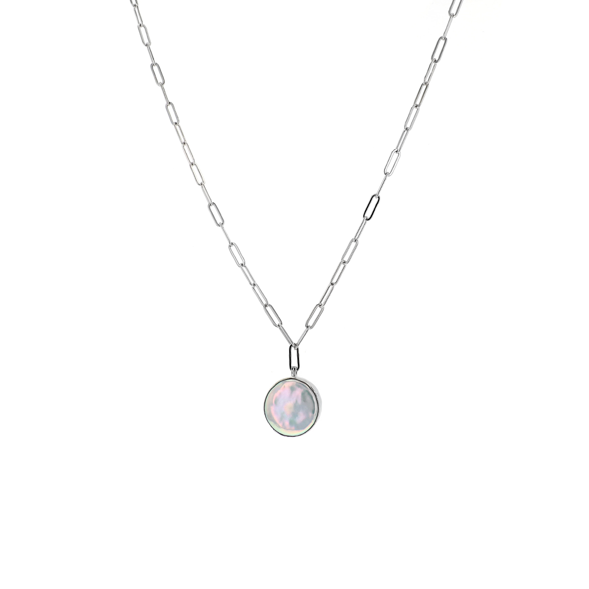 Sterling Silver Coin Pearl Paperclip Necklace