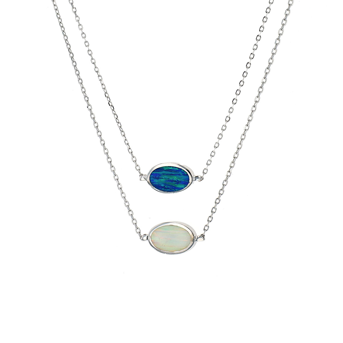 Sterling Silver Oval Blue and White Opal Necklace